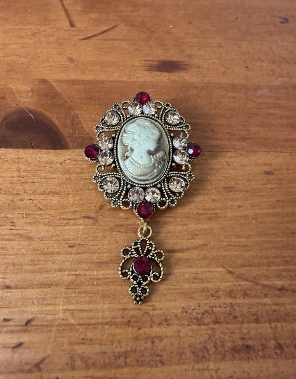 Vintage Style Cameo Brooch Pendant Red Crystal Gold Tone Victorian Portrait